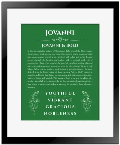 Jovanni personalized wall art with the story of your name in dark green with black matte frame