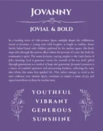 Jovanny personalized name print with origin and traits in purple