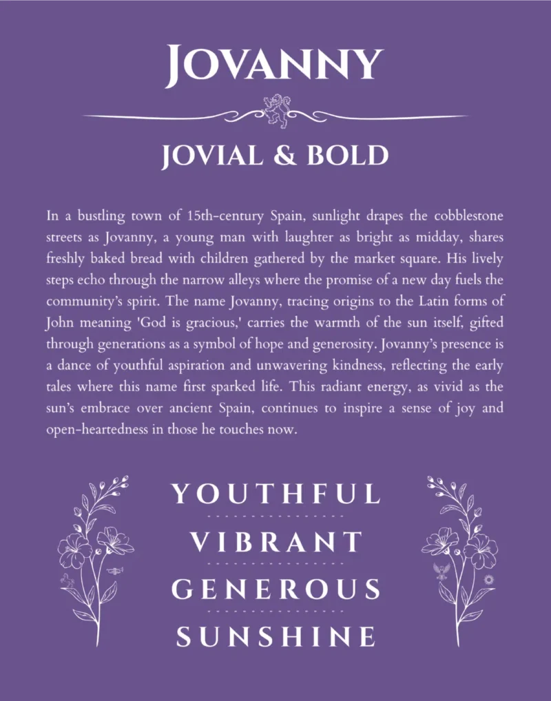 Jovanny personalized name print with origin and traits in purple
