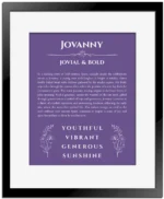 Jovanny personalized name print with origin and traits in purple with black matte frame