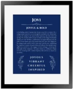 Jovi personalized wall art with the story of your name in deep blue with black matte frame