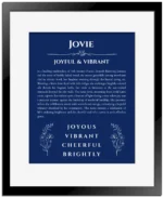 Jovie custom name meaning print in deep blue with black matte frame