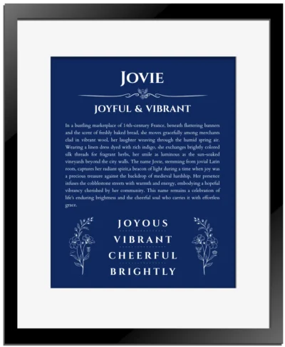 Jovie custom name meaning print in deep blue with black matte frame