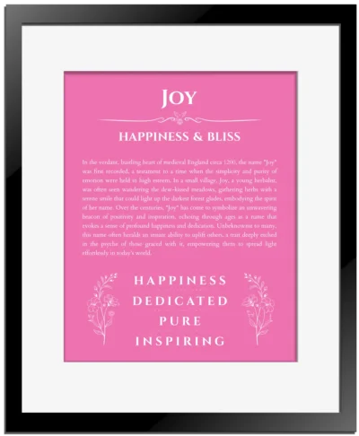 Joy custom name print for wall display in pink with black matte frame