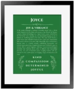 Joyce custom name meaning print in dark green with black matte frame