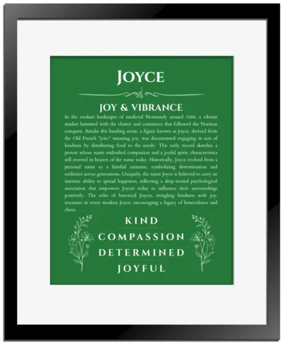 Joyce custom name meaning print in dark green with black matte frame
