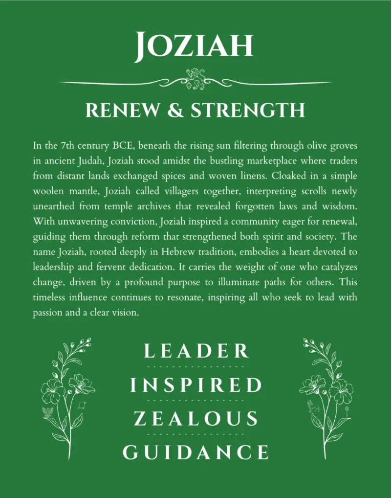Joziah custom name art showing meaning and origin in dark green