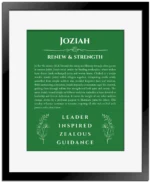 Joziah custom name art showing meaning and origin in dark green with black matte frame