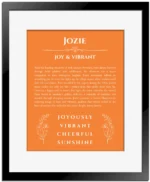 Jozie personalized name meaning print in orange with black matte frame