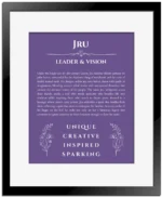 Jru personalized wall art with the story of your name in purple with black matte frame