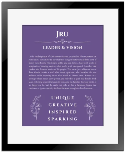 Jru personalized wall art with the story of your name in purple with black matte frame