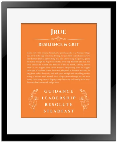 Jrue name meaning wall art by Get Your Story in orange with black matte frame