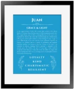 Juan name meaning wall art by Get Your Story in blue with black matte frame