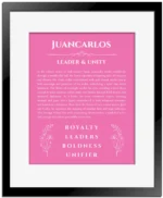 Juancarlos name meaning wall art by Get Your Story in pink with black matte frame