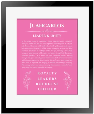 Juancarlos name meaning wall art by Get Your Story in pink with black matte frame