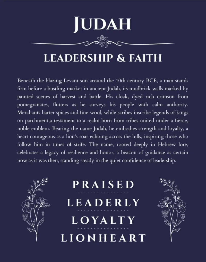 Judah personalized name art with origin story in navy blue