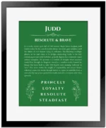 Judd custom name art showing meaning and origin in dark green with black matte frame