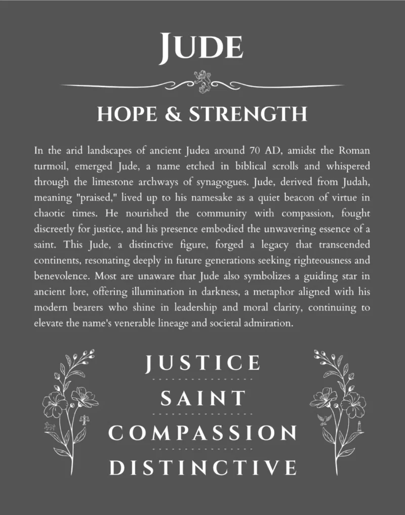 Jude name origin print with meaning and traits in gray