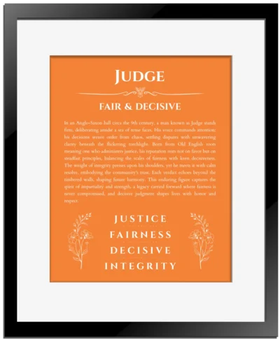 Judge custom name print for wall display in orange with black matte frame