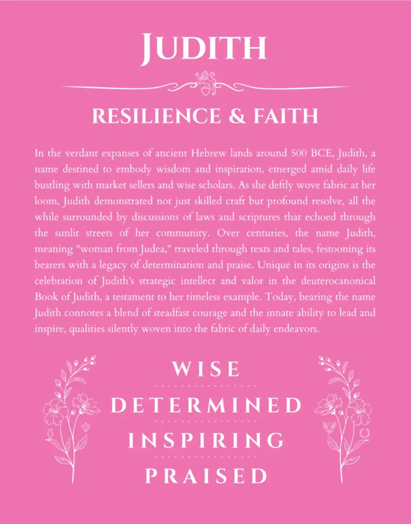 Judith name origin print with meaning and traits in pink
