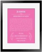 Judith name origin print with meaning and traits in pink with black matte frame