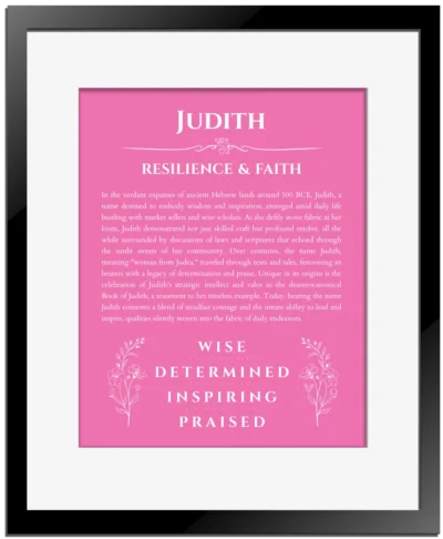 Judith name origin print with meaning and traits in pink with black matte frame