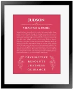 Judson custom name meaning print in red with black matte frame