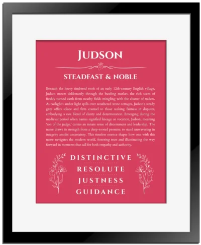 Judson custom name meaning print in red with black matte frame