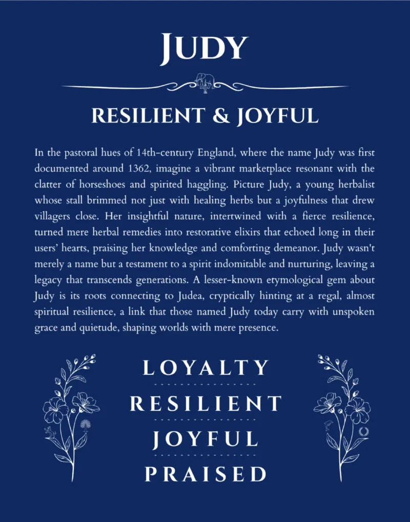 Judy personalized name print with origin and traits in deep blue