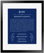Judy personalized name print with origin and traits in deep blue with black matte frame