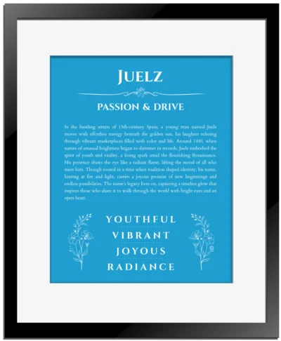 Juelz name meaning gift print in blue with black matte frame