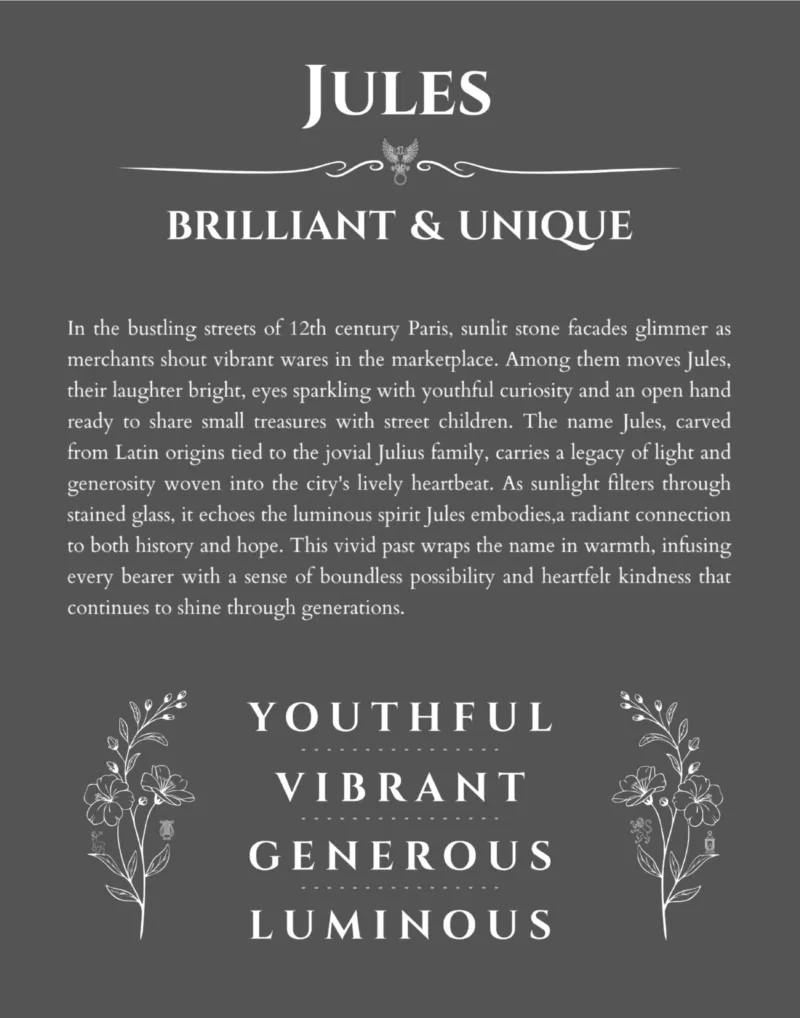 Jules personalized wall art with the story of your name in gray