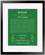 Julian name meaning wall art by Get Your Story in dark green with black matte frame