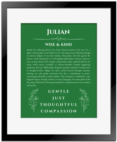 Julian name meaning wall art by Get Your Story in dark green with black matte frame