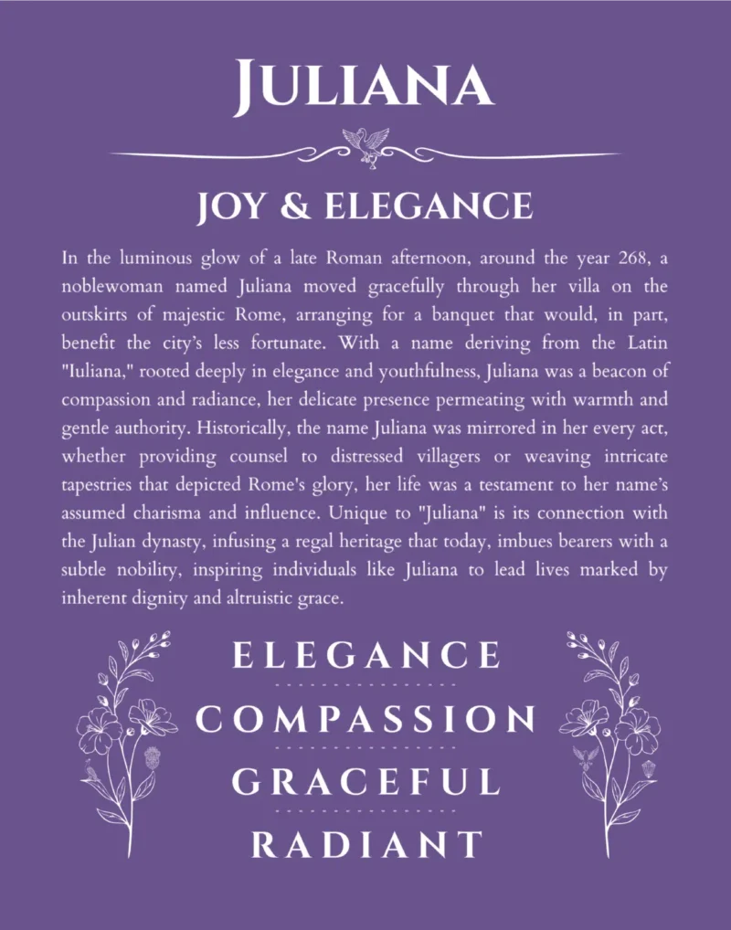 Juliana personalized name print with origin and traits in purple