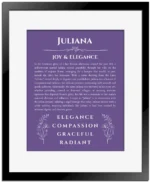Juliana personalized name print with origin and traits in purple with black matte frame