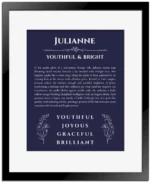 Julianne name meaning gift print in navy blue with black matte frame