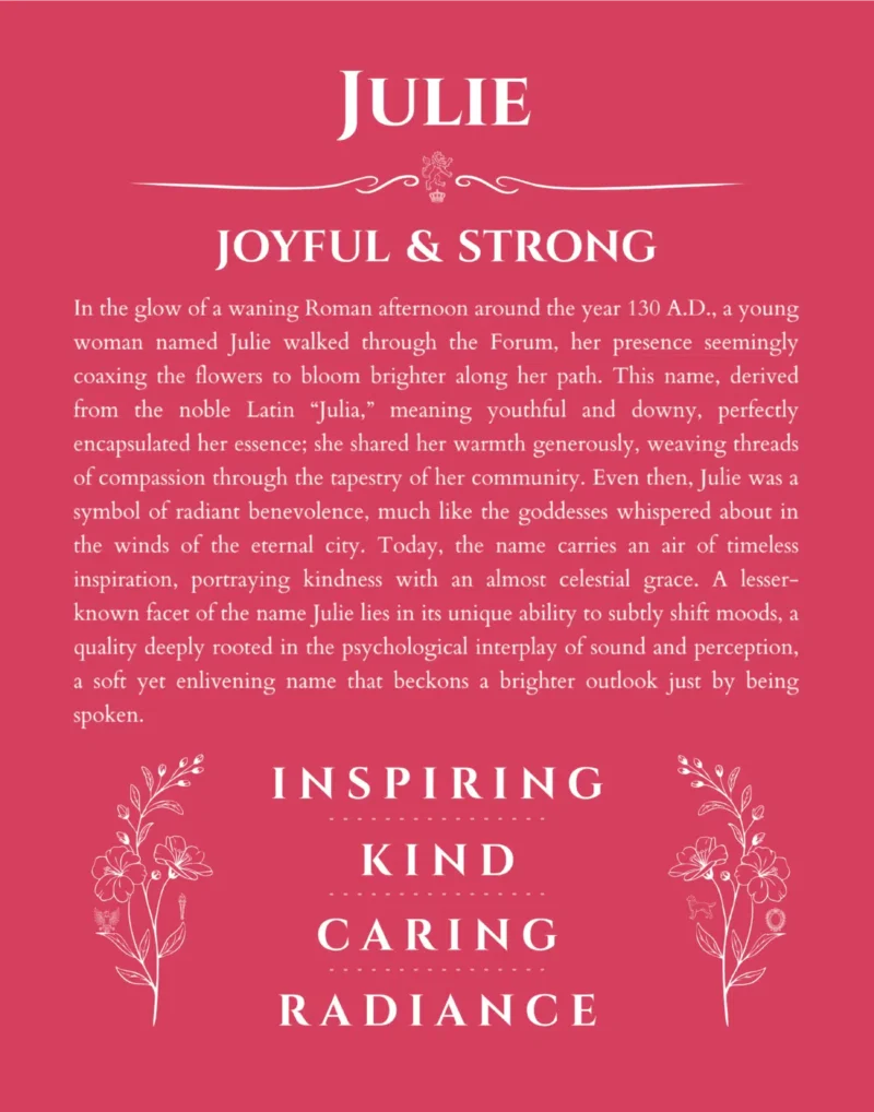 Julie personalized name art with origin story in red
