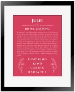 Julie personalized name art with origin story in red with black matte frame