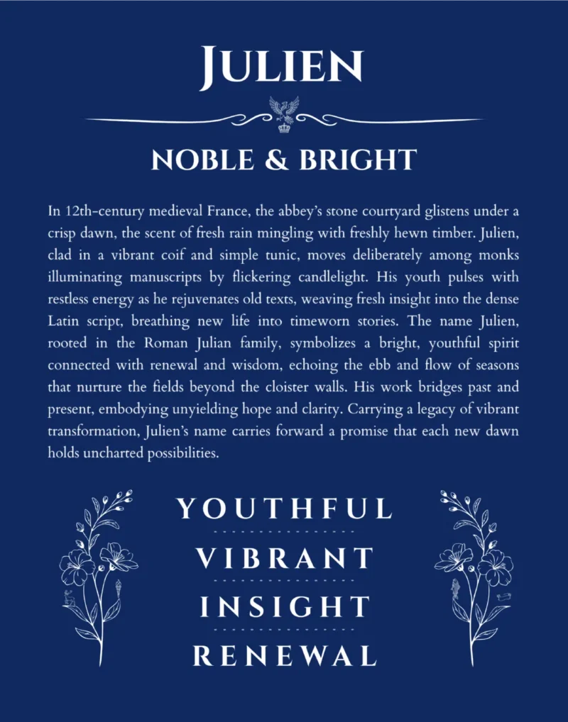 Julien personalized name print with origin and traits in deep blue