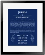 Julien personalized name print with origin and traits in deep blue with black matte frame
