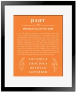 Juliet custom name print for wall display in orange with black matte frame