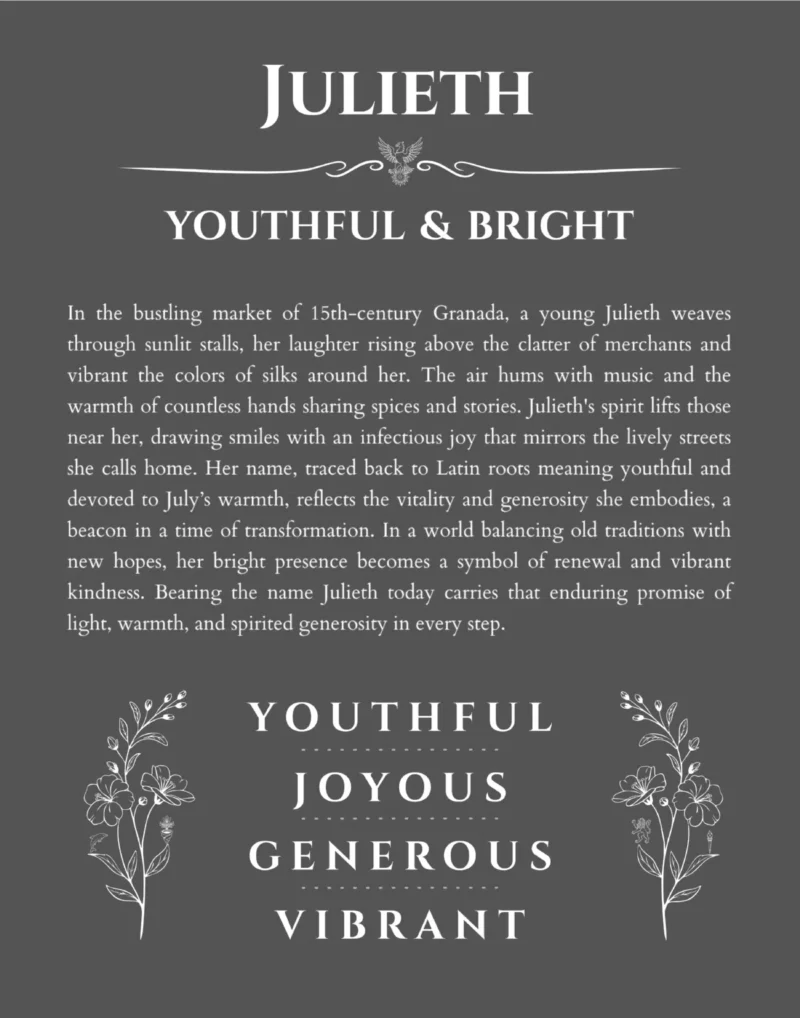 Julieth personalized name print with origin and traits in gray