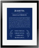 Julietta personalized name meaning print in deep blue with black matte frame