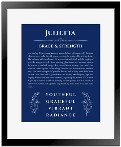 Julietta personalized name meaning print in deep blue with black matte frame