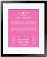 Juliette personalized name meaning print in pink with black matte frame
