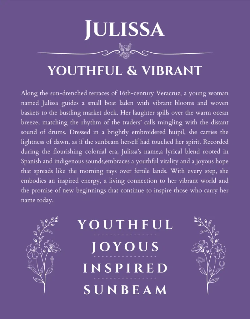 Julissa personalized wall art with the story of your name in purple