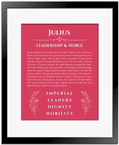 Julius custom name meaning print in red with black matte frame
