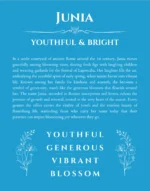 Junia custom name art showing meaning and origin in blue