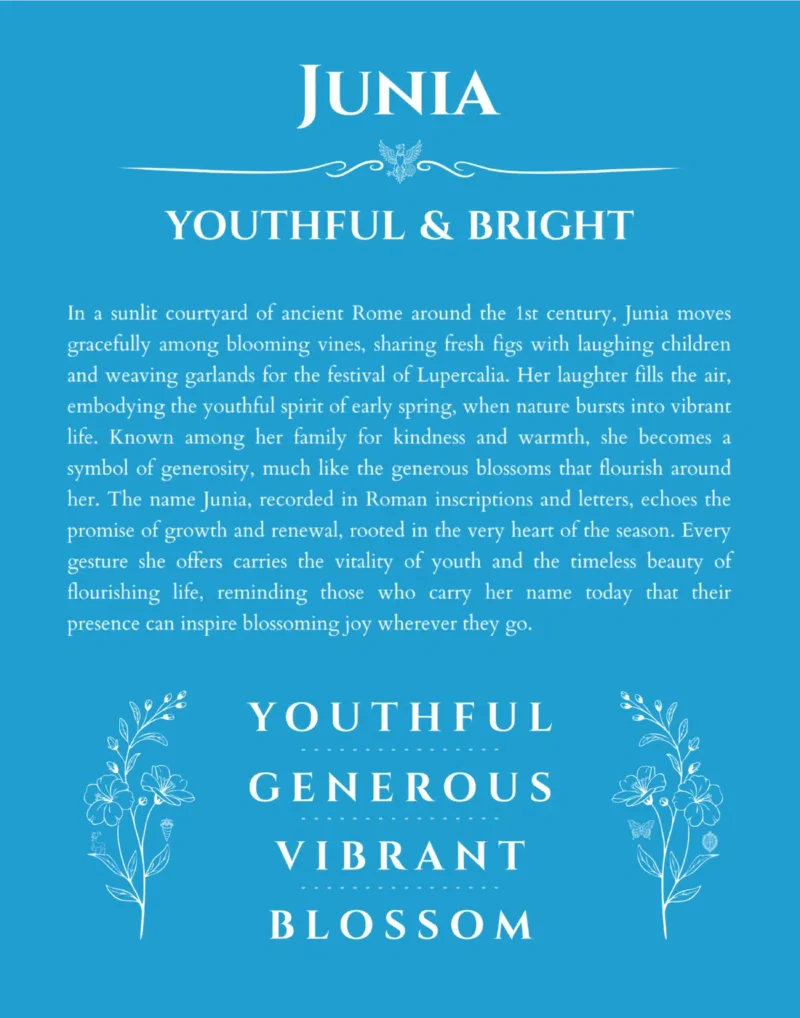 Junia custom name art showing meaning and origin in blue